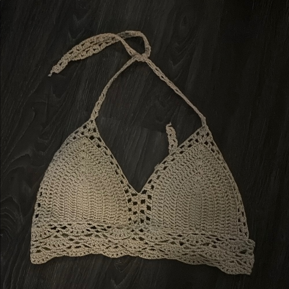 Padded Crochet Halter Top in Beige